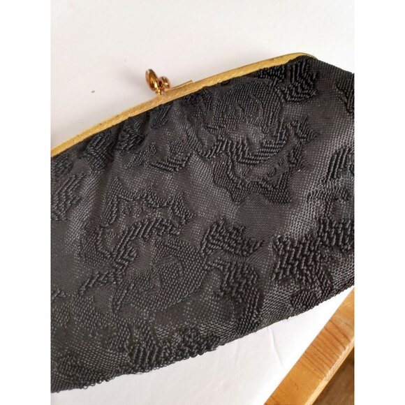 VINTAGE BLACK & GOLD FLORAL KNITTED BROCADE EVENING PURSE/HANDBAG/CLUTCH - Picture 2 of 10